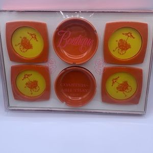 Vintage Plastic Orange Yellow Boutique Coaster Ashtray Set Umbrella Flower Cart